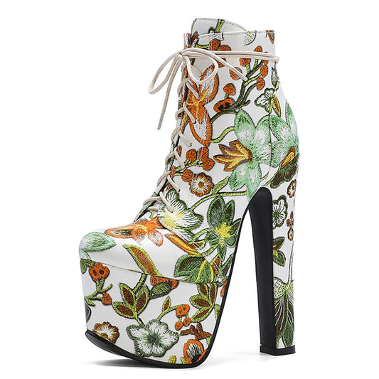 2020 Autumn And Winter Printed Ankle Boots High Heel Large Size Waterproof Platform European And American Style Front Lace Small Style Women's Boots Z35