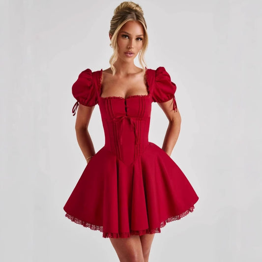 European And American Style Sexy Short-Sleeved Sexy Dress For Women 2025 New Square Neck Lace Slim Red Dress