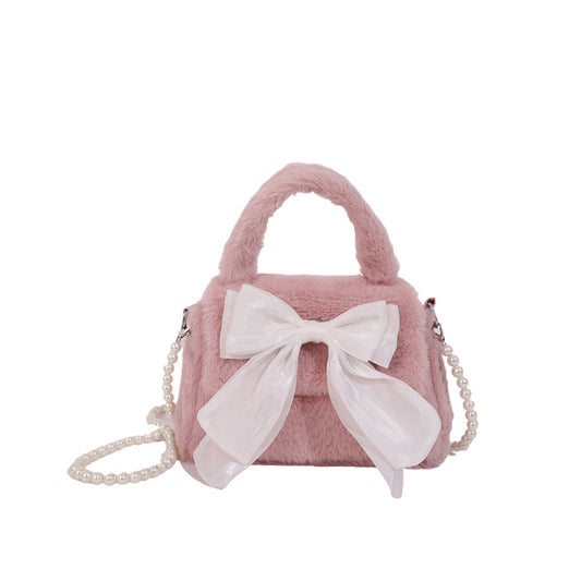 Cute Bow 2025 New Sweet Girl Plush Bag Commuter Plush Pearl Satchel Shoulder Crossbody Bag