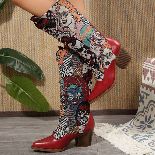 2025 Autumn And Winter New Boots Women's European And American Style Boots Women's Pointed Thick Heel High Heel Embroidered Knight Boots Women's Plus Size