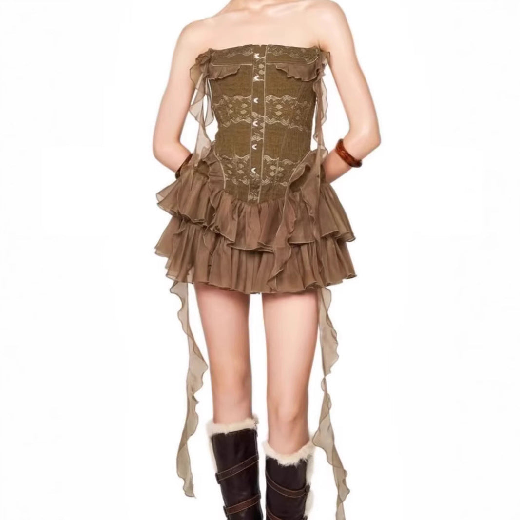 Foreign Trade American Style Retro Pure Desire Style Irregular Dress Summer New Style Heavy Industry Fishbone High Waist Slimming Strapless Skirt