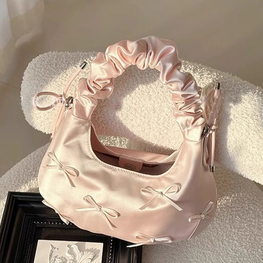2025 Spring New Korean Style Underarm Bag High-grade Niche Pleated Bow Women Hand Bag Single Shoulder Cloud Bag