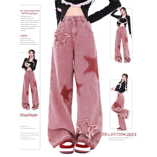 American-style Retro Five-star Embroidered Frayed Low Waist Jeans Women's Autumn Dopamine Wear Dirty Pink Wide Leg Pants