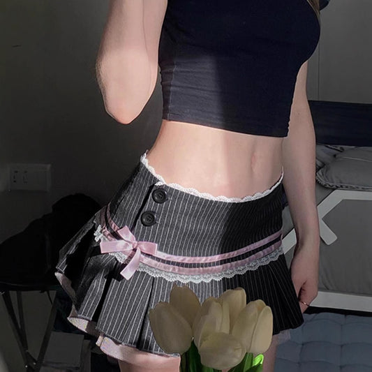 French Ballet Style Color-Block Striped Bow Lace Patchwork Pleated Skirt Suit Material