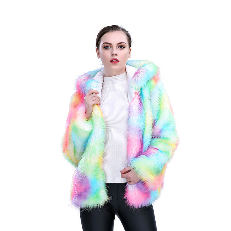 2025 European And American Amazon Imitation Fur Women's Hooded Colorful Fashion Dance Party Cross-Border Hot Selling Imitation Fox Fur Jacket