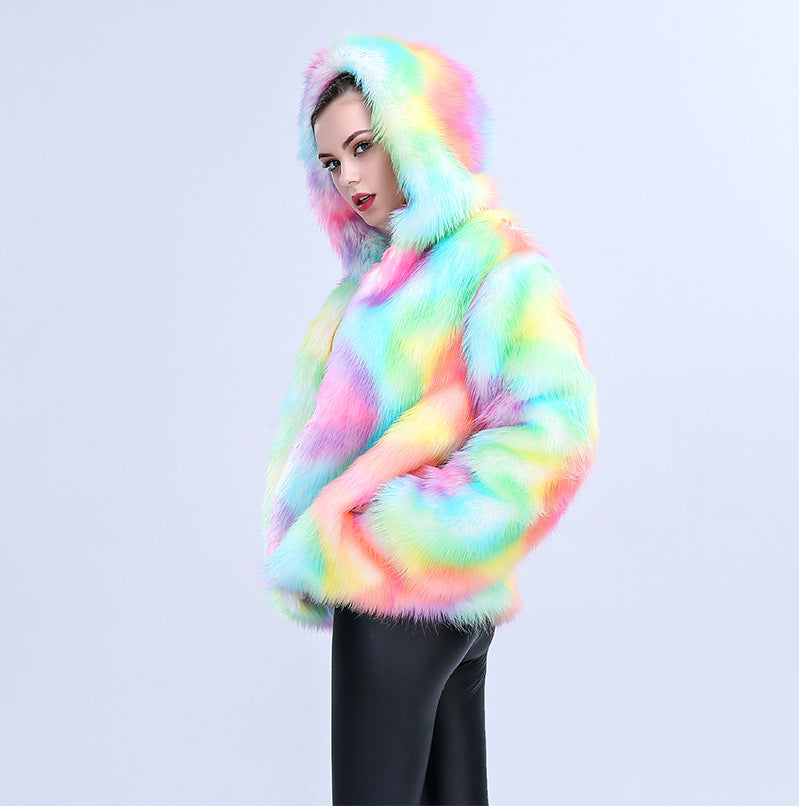 2025 European And American Amazon Imitation Fur Women's Hooded Colorful Fashion Dance Party Cross-Border Hot Selling Imitation Fox Fur Jacket
