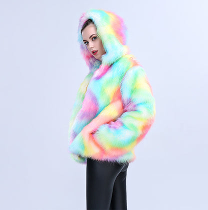 2025 European And American Amazon Imitation Fur Women's Hooded Colorful Fashion Dance Party Cross-Border Hot Selling Imitation Fox Fur Jacket