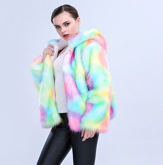 2025 European And American Amazon Imitation Fur Women's Hooded Colorful Fashion Dance Party Cross-Border Hot Selling Imitation Fox Fur Jacket