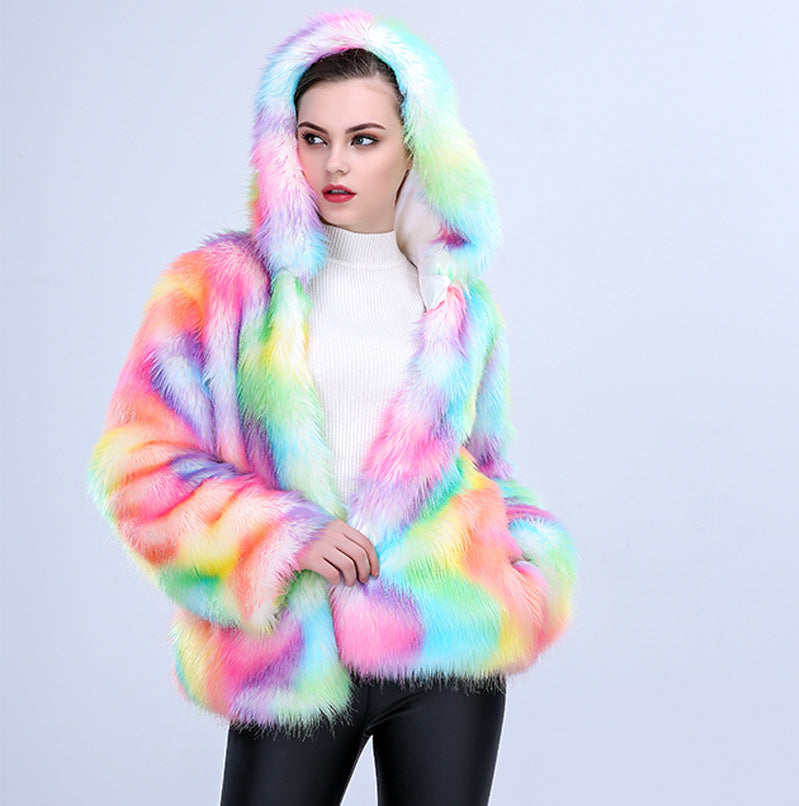 2025 European And American Amazon Imitation Fur Women's Hooded Colorful Fashion Dance Party Cross-Border Hot Selling Imitation Fox Fur Jacket