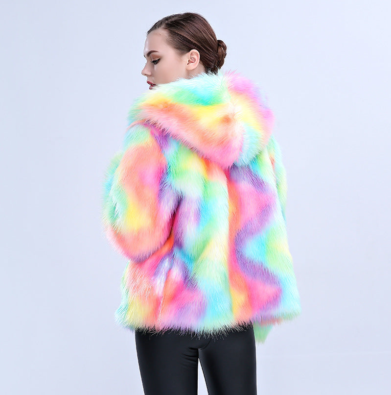 2025 European And American Amazon Imitation Fur Women's Hooded Colorful Fashion Dance Party Cross-Border Hot Selling Imitation Fox Fur Jacket