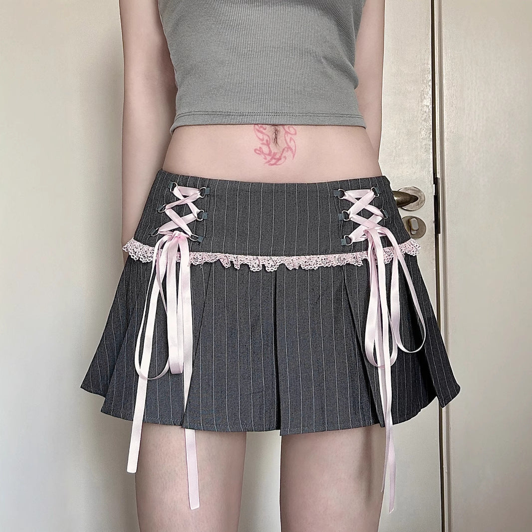 French Ballet Style Color-Block Striped Bow Lace Patchwork Pleated Skirt Suit Material