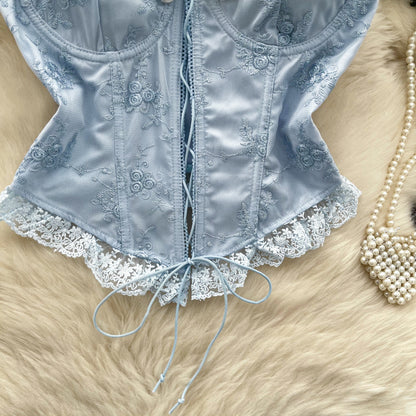 Sweet And Spicy Style Strapless Vest Women's Three-Dimensional Flower Lace Stitching Strap Tight Fit Slim-Fit Design Pure Desire Top