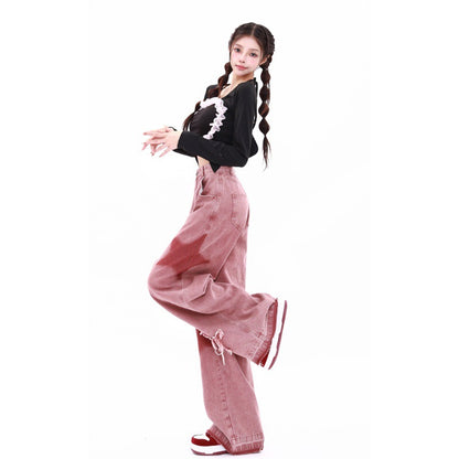 American-style Retro Five-star Embroidered Frayed Low Waist Jeans Women's Autumn Dopamine Wear Dirty Pink Wide Leg Pants