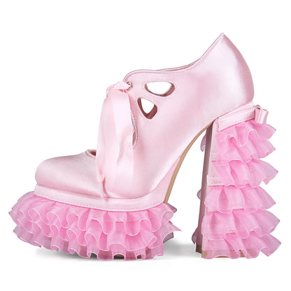 European And American Export Pink Pink Sweet Hottie Lolita Water Platform Lace Thick Heel Y2K Large Size 47 Women's High Heels