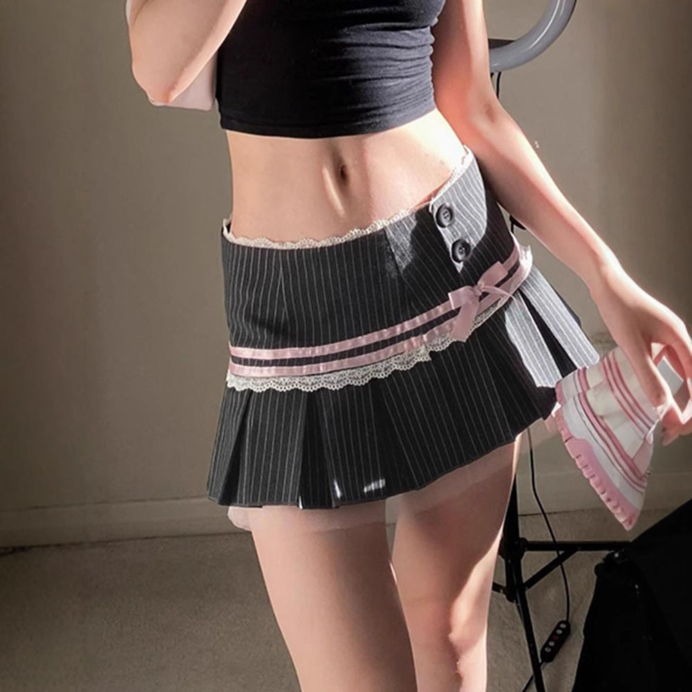 French Ballet Style Color-Block Striped Bow Lace Patchwork Pleated Skirt Suit Material