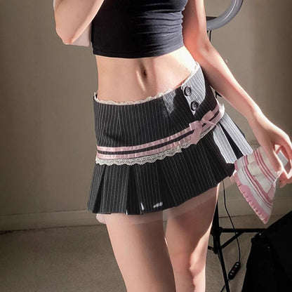 French Ballet Style Color-Block Striped Bow Lace Patchwork Pleated Skirt Suit Material