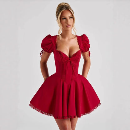 European And American Style Sexy Short-Sleeved Sexy Dress For Women 2025 New Square Neck Lace Slim Red Dress