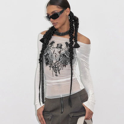 Y23TP642 European And American Cross-border Sexy Spice Girl Style Mesh Knitted Stitching Collar Printed Transparent Top Women's Clothing