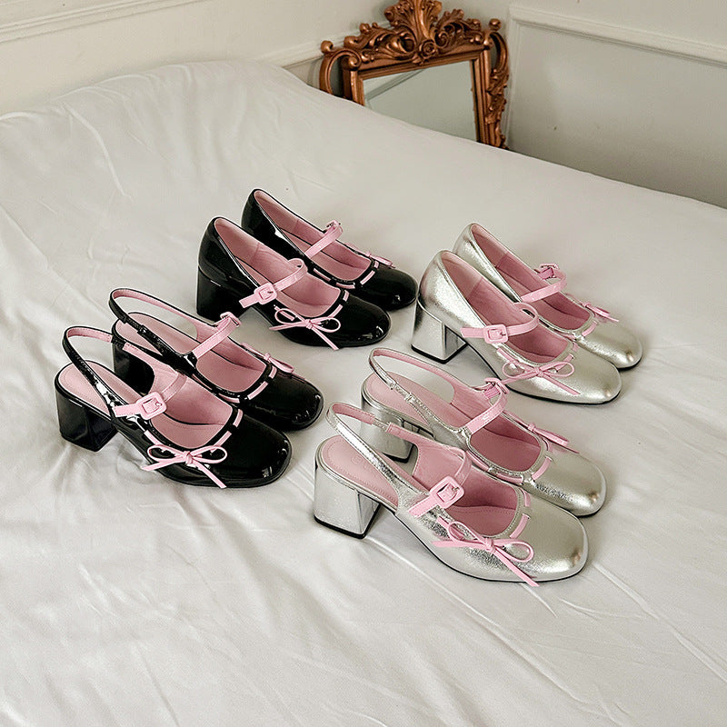 Bow Mary Jane Shoes Women's Spring And Autumn New Arrival Small Shoes With Single-layer Shoes Chunky Heel High Heels