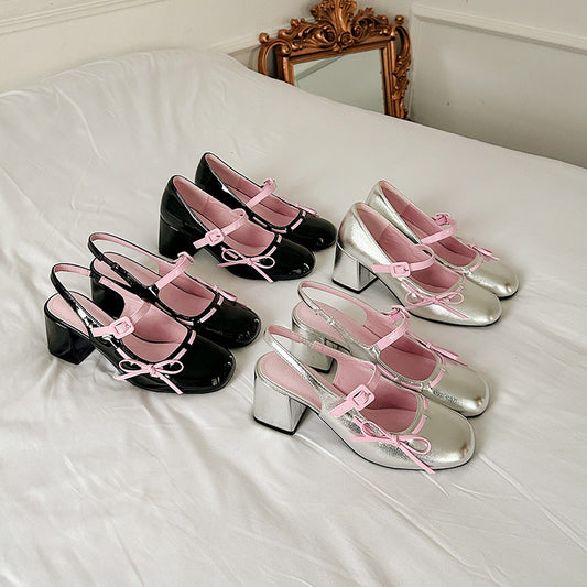 Bow Mary Jane Shoes Women's Spring And Autumn New Arrival Small Shoes With Single-layer Shoes Chunky Heel High Heels