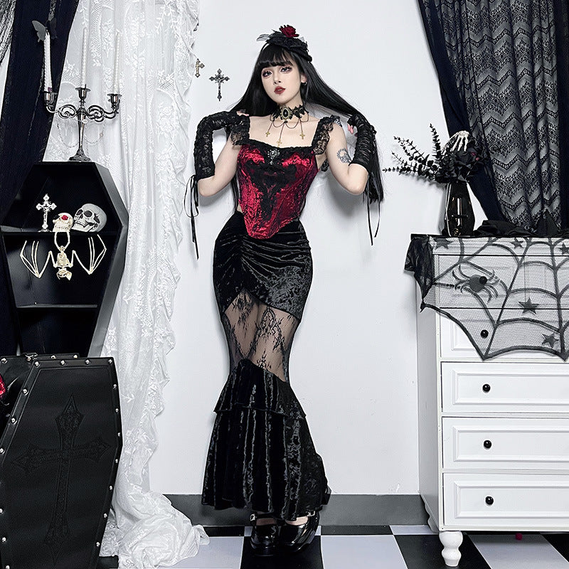 JY23585 Diablo Style New Sexy Perspective Spice Girl Long Dress Summer Elegant Suede Lace Stitching Women's Half Skirt