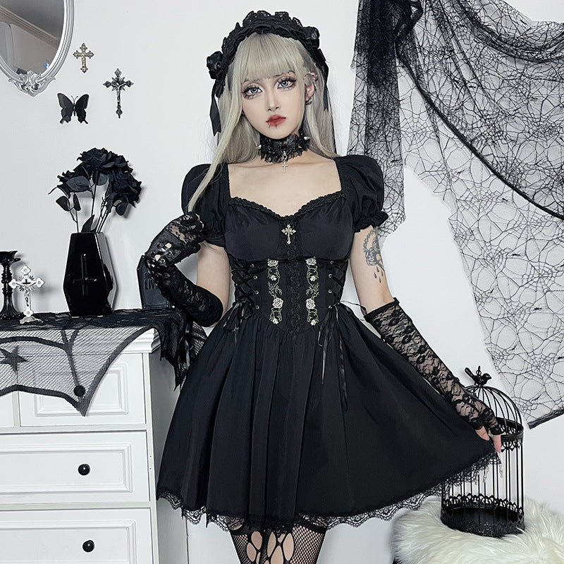 JY22527 Cross Print Strap Off-shoulder Lace Stitching Dress Dark Sexy Slim Princess Dress