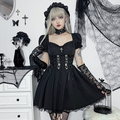 JY22527 Cross Print Strap Off-shoulder Lace Stitching Dress Dark Sexy Slim Princess Dress