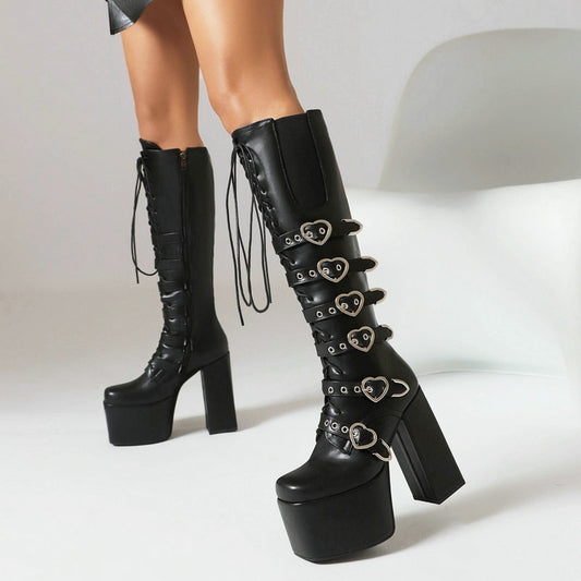 Waterproof Platform Women's High Boots Autumn And Winter New Square Toe Thick Heel Super High Heel Punk Style Front Lace-up Martin Boots Long Boots