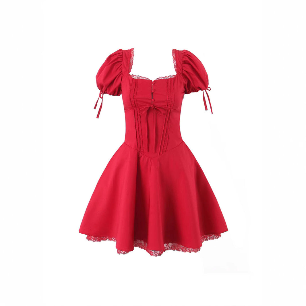 European And American Style Sexy Short-Sleeved Sexy Dress For Women 2025 New Square Neck Lace Slim Red Dress