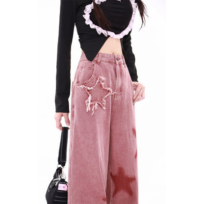 American-style Retro Five-star Embroidered Frayed Low Waist Jeans Women's Autumn Dopamine Wear Dirty Pink Wide Leg Pants