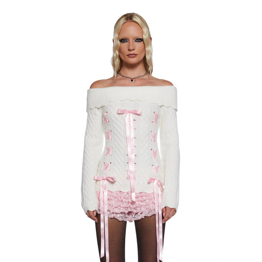 Spice Girl Off-shoulder Top Pure High-end Autumn Long-sleeved Ribbon Shoulder Bow Long-sleeved Knitted Top For Women