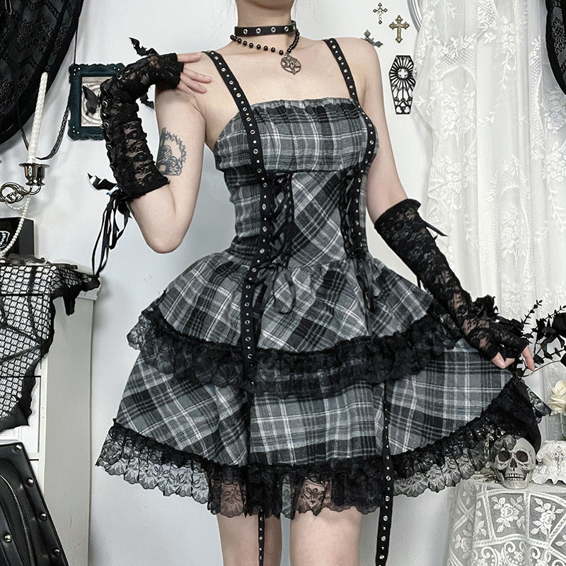 CF25094 Diablo Gothic Yabi Black Grey Plaid Dress 2025 New Sweet Cool Spice Punk Skirt