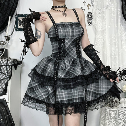 CF25094 Diablo Gothic Yabi Black Grey Plaid Dress 2025 New Sweet Cool Spice Punk Skirt
