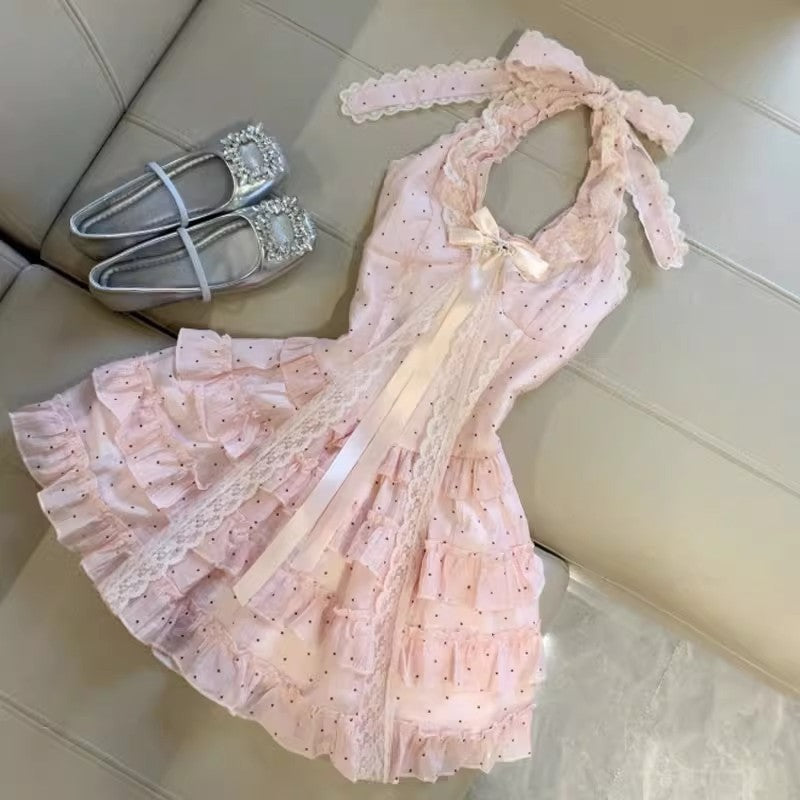 Confession Midsummer Short Skirt Spring And Summer Waist Slimming Design Pure Lusty Sweet Polka Dot Halterneck Dress For Women
