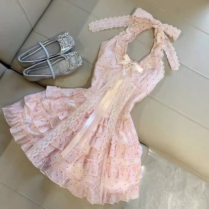 Confession Midsummer Short Skirt Spring And Summer Waist Slimming Design Pure Lusty Sweet Polka Dot Halterneck Dress For Women