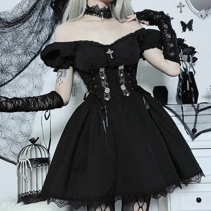 JY22527 Cross Print Strap Off-shoulder Lace Stitching Dress Dark Sexy Slim Princess Dress