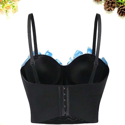 Light Blue Sweet Bow Decorative Cute Fresh Style Bra Inner Design Wearing Fish Bone Tube