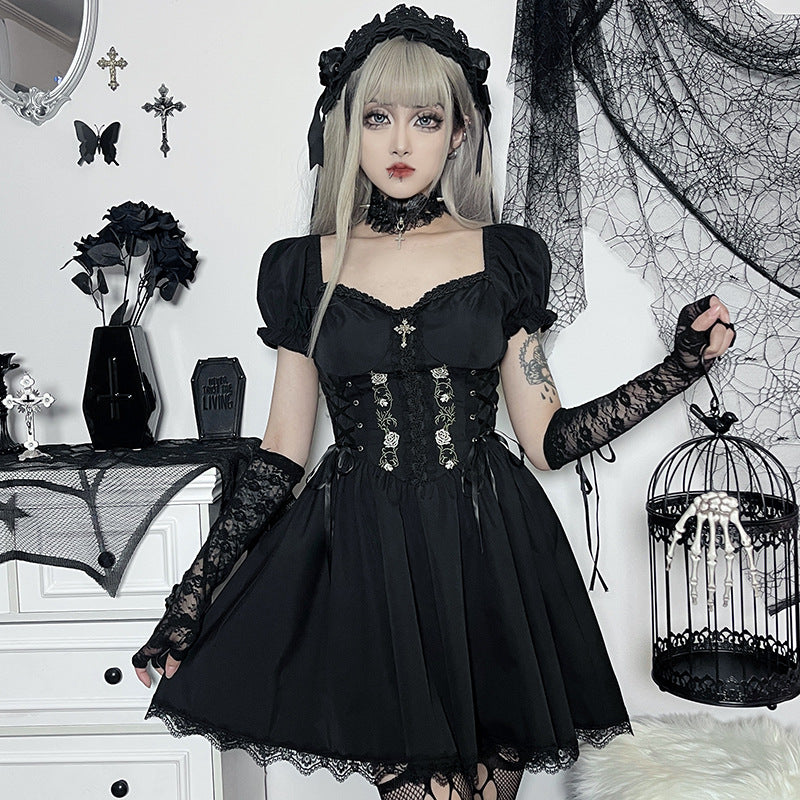 JY22527 Cross Print Strap Off-shoulder Lace Stitching Dress Dark Sexy Slim Princess Dress
