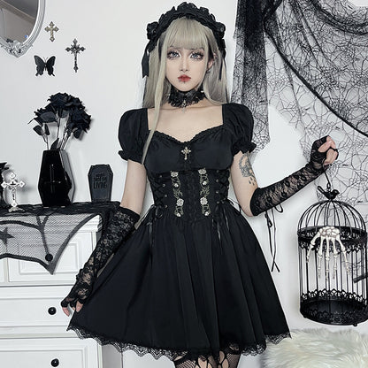 JY22527 Cross Print Strap Off-shoulder Lace Stitching Dress Dark Sexy Slim Princess Dress