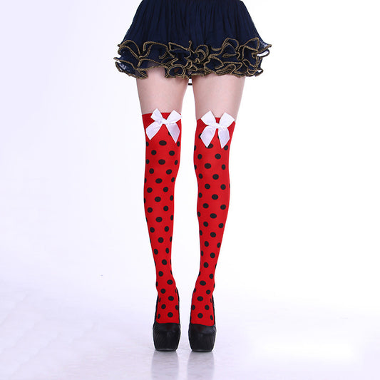 Bowknot Printed Socks With Skull And Dot Patterns, Halloween Over-The-Knee Socks, Cosplay Long Socks, Dark Style