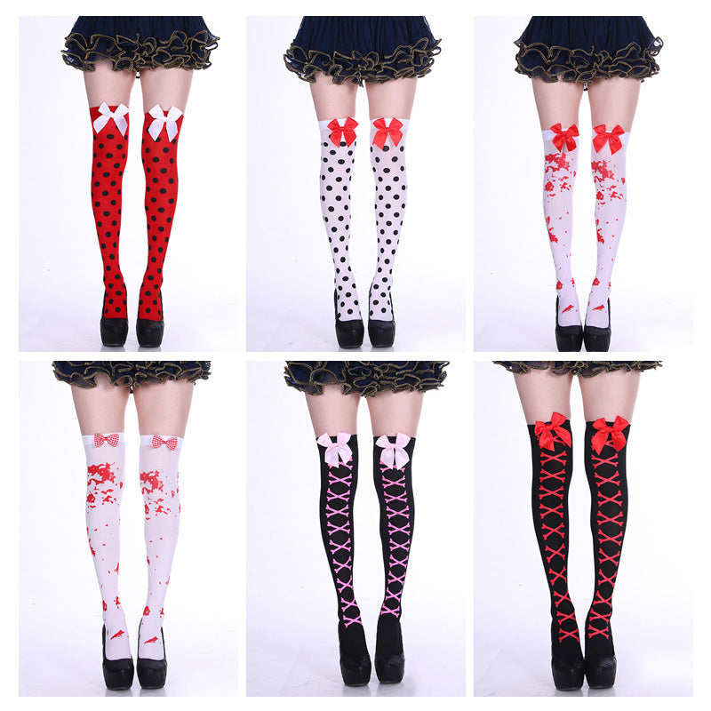 Bowknot Printed Socks With Skull And Dot Patterns, Halloween Over-The-Knee Socks, Cosplay Long Socks, Dark Style