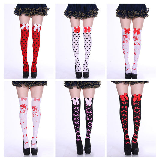 Bowknot Printed Socks With Skull And Dot Patterns, Halloween Over-The-Knee Socks, Cosplay Long Socks, Dark Style