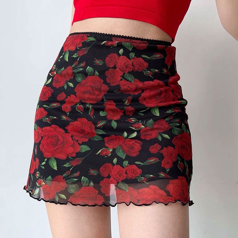 Summer All-match Design Sense American Style Retro High Waist A- Line Skirt Rose Short Wood-ear Edge Printed Half-length Skirt Trendy