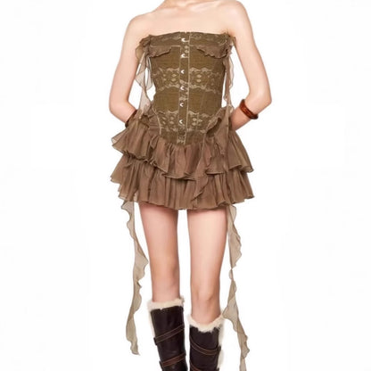 Foreign Trade American Style Retro Pure Desire Style Irregular Dress Summer New Style Heavy Industry Fishbone High Waist Slimming Strapless Skirt