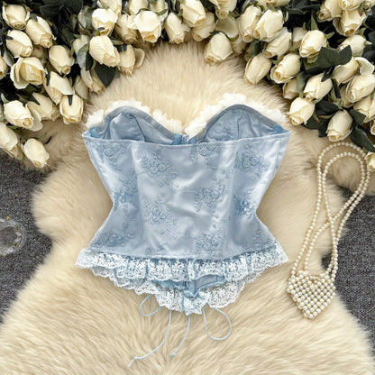 Sweet And Spicy Style Strapless Vest Women's Three-Dimensional Flower Lace Stitching Strap Tight Fit Slim-Fit Design Pure Desire Top