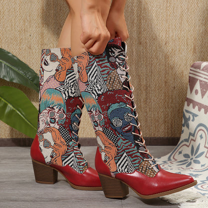 2025 Autumn And Winter New Boots Women's European And American Style Boots Women's Pointed Thick Heel High Heel Embroidered Knight Boots Women's Plus Size