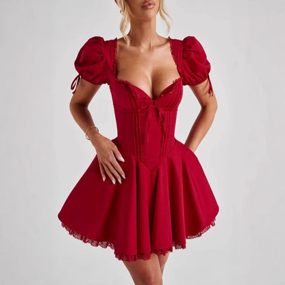 European And American Style Sexy Short-Sleeved Sexy Dress For Women 2025 New Square Neck Lace Slim Red Dress