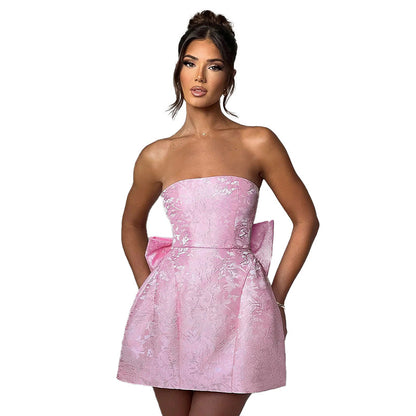 Yj24112 Summer 2025 New Fashion Style Sexy Jacquard Tube Top Bow Mini Dress For Women