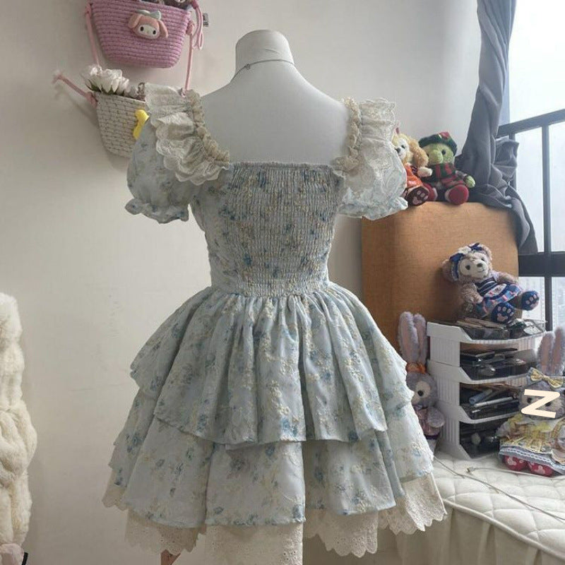 Princess Style Floral Dress For Women Summer French Sweet And Cute Puff Sleeve Skirt Lace Cake Puffy Skirt