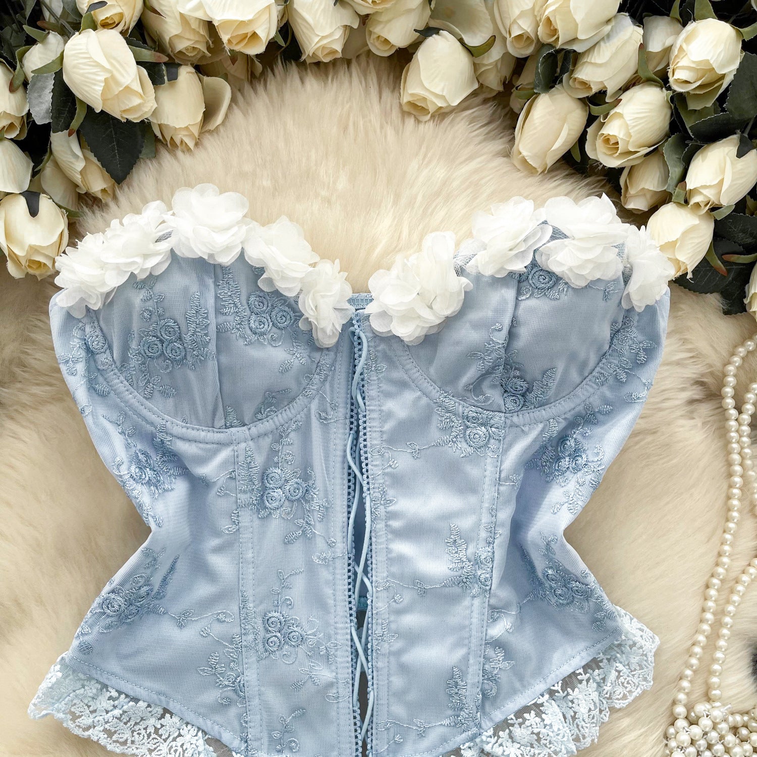 Sweet And Spicy Style Strapless Vest Women's Three-Dimensional Flower Lace Stitching Strap Tight Fit Slim-Fit Design Pure Desire Top